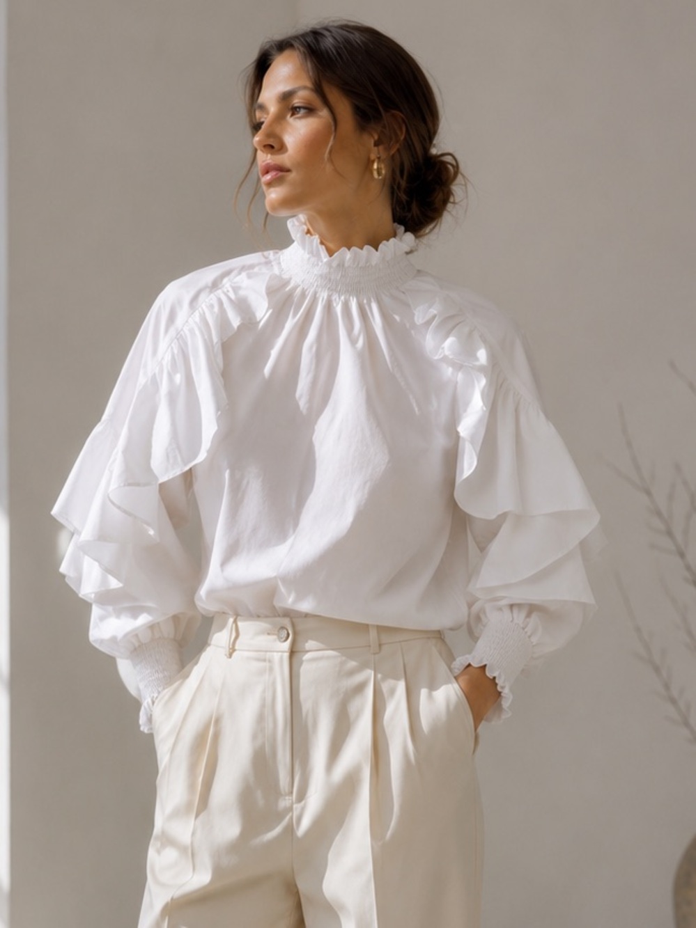 Maje Letreo Ruffled Cotton Blouse | Victorian Romantic High Neck Top | Size 1